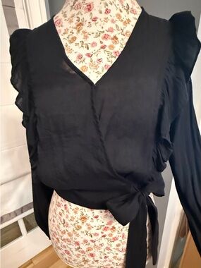 Articles Of Society Black Wrap Blouse with Ruffle Shoulders